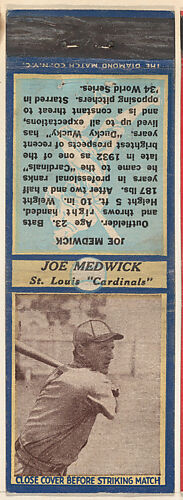Joe Medwick, St. Louis Cardinals, from the Baseball Players Match Cover design series (U3) issued by Diamond Match Company
