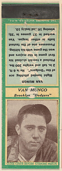 Van Mungo, Brooklyn Dodgers, from the Baseball Players Match Cover design series (U3) issued by Diamond Match Company, The Diamond Match Company, Printed matchbook 