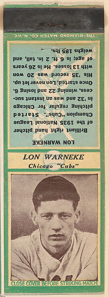 Lon Warnecke, Chicago Cubs, from the Baseball Players Match Cover design series (U3) issued by Diamond Match Company, The Diamond Match Company, Printed matchbook 