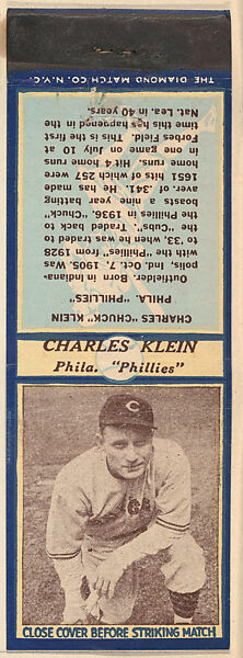 Charles Klein, Philadelphia Phillies, from the Baseball Players Match Cover design series (U4) issued by Diamond Match Company, The Diamond Match Company, Printed matchbook 