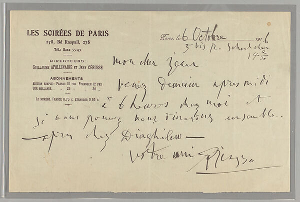 Documents concerning Parade: [Handwritten letter, from Picasso to Cocteau, dated October 6, 1916], Pablo Picasso (Spanish, Malaga 1881–1973 Mougins, France) 