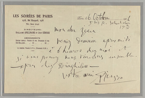 Pablo Picasso - Documents concerning Parade: [Handwritten letter