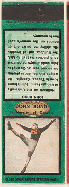 John Bond, University of Georgia, from the Football Players Match Cover design series (U6) issued by Diamond Match Company, The Diamond Match Company, Printed matchbook 