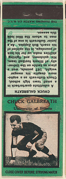 Chuck Galbreath, University of Illinois, from the Football Players Match Cover design series (U6) issued by Diamond Match Company, The Diamond Match Company, Printed matchbook 
