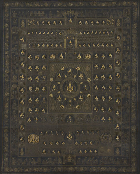 a) Womb World Mandala; b) Diamond World Mandala (From the Mandalas of Both Worlds), Matsubara Shôgetsu (Japanese, active ca. 1800), Hanging scrolls; gold, color, and ink on indigo-dyed paper, Japan 