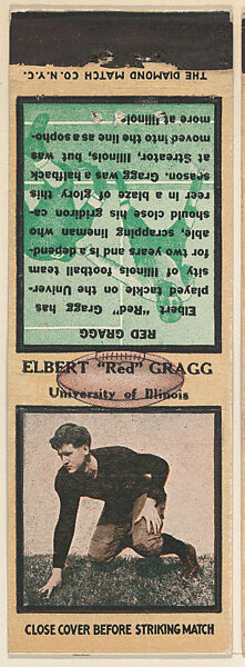 Elbert "Red" Gragg, University of Illinois, from the Football Players Match Cover design series (U6) issued by Diamond Match Company, The Diamond Match Company, Printed matchbook 