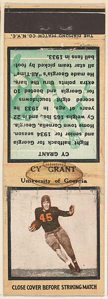 Cy Grant, University of Georgia, from the Football Players Match Cover design series (U6) issued by Diamond Match Company, The Diamond Match Company, Printed matchbook 