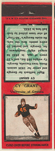 Cy Grant, University of Georgia, from the Football Players Match Cover design series (U6) issued by Diamond Match Company, The Diamond Match Company, Printed matchbook 