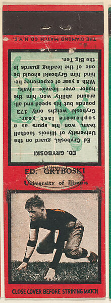 Ed. Gryboski, University of Illinois, from the Football Players Match Cover design series (U6) issued by Diamond Match Company, The Diamond Match Company, Printed matchbook 