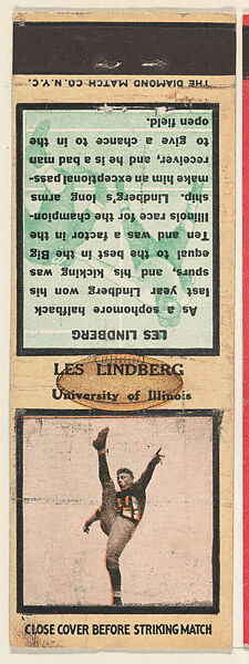 Les Lindberg, University of Illinois, from the Football Players Match Cover design series (U6) issued by Diamond Match Company, The Diamond Match Company, Printed matchbook 