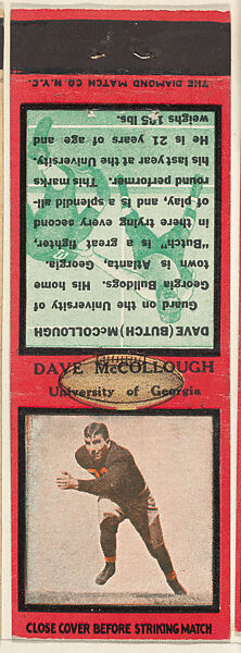 David McCollough, University of Georgia, from the Football Players Match Cover design series (U6) issued by Diamond Match Company, The Diamond Match Company, Printed matchbook 