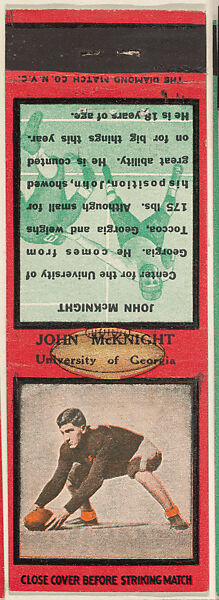 John McKnight, University of Georgia, from the Football Players Match Cover design series (U6) issued by Diamond Match Company, The Diamond Match Company, Printed matchbook 