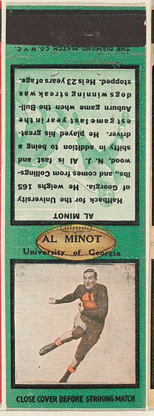 Al Minot, University of Georgia, from the Football Players Match Cover design series (U6) issued by Diamond Match Company, The Diamond Match Company, Printed matchbook 