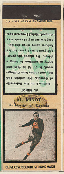 Al Minot, University of Georgia, from the Football Players Match Cover design series (U6) issued by Diamond Match Company, The Diamond Match Company, Printed matchbook 