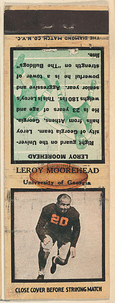 Leroy Moorehead, University of Georgia, from the Football Players Match Cover design series (U6) issued by Diamond Match Company, The Diamond Match Company, Printed matchbook 