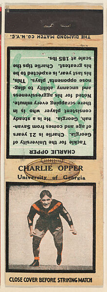 Charles Opper, University of Georgia, from the Football Players Match Cover design series (U6) issued by Diamond Match Company, The Diamond Match Company, Printed matchbook 
