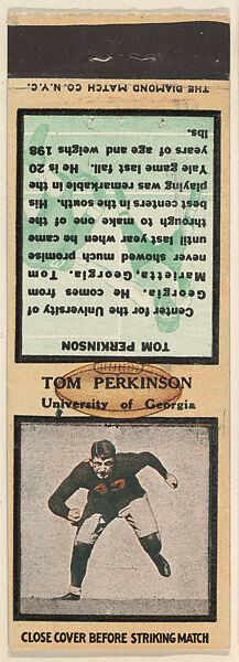 Tom Perkinson, University of Georgia, from the Football Players Match Cover design series (U6) issued by Diamond Match Company, The Diamond Match Company, Printed matchbook 