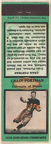 Crain Portman, University of Illinois, from the Football Players Match Cover design series (U6) issued by Diamond Match Company, The Diamond Match Company, Printed matchbook 