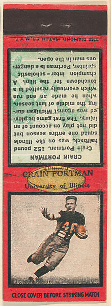 Crain Portman, University of Illinois, from the Football Players Match Cover design series (U6) issued by Diamond Match Company, The Diamond Match Company, Printed matchbook 