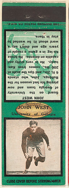 John West, University of Georgia, from the Football Players Match Cover design series (U6) issued by Diamond Match Company, The Diamond Match Company, Printed matchbook 