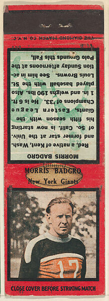 Morris Badgro, New York Giants, from the Football Players Match Cover design series (U6) issued by Diamond Match Company, The Diamond Match Company, Printed matchbook 