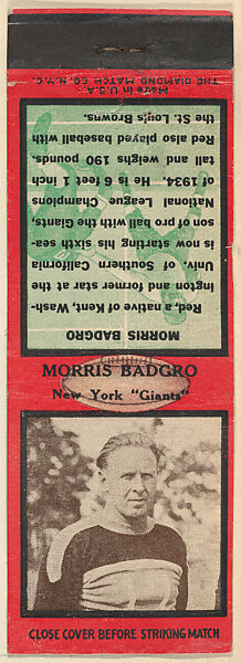 Morris Badgro, New York Giants, from the Football Players Match Cover design series (U6) issued by Diamond Match Company, The Diamond Match Company, Printed matchbook 