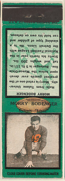 Morry Bodenger, Detroit Lions, from the Football Players Match Cover design series (U6) issued by Diamond Match Company, The Diamond Match Company, Printed matchbook 