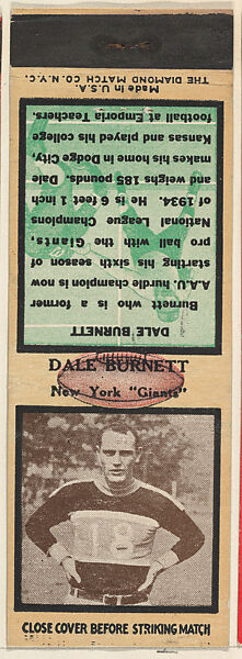Dale Burnett, New York Giants, from the Football Players Match Cover design series (U6) issued by Diamond Match Company, The Diamond Match Company, Printed matchbook 