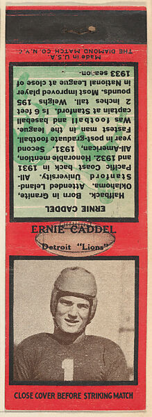 Ernie Caddel, Detroit Lions, from the Football Players Match Cover design series (U6) issued by Diamond Match Company, The Diamond Match Company, Printed matchbook 