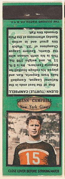 Glenn Campbell, New York Giants, from the Football Players Match Cover design series (U6) issued by Diamond Match Company, The Diamond Match Company, Printed matchbook 