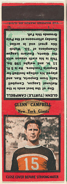 Glenn Campbell, New York Giants, from the Football Players Match Cover design series (U6) issued by Diamond Match Company, The Diamond Match Company, Printed matchbook 