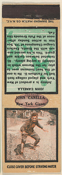 John Canella, New York Giants, from the Football Players Match Cover design series (U6) issued by Diamond Match Company, The Diamond Match Company, Printed matchbook 