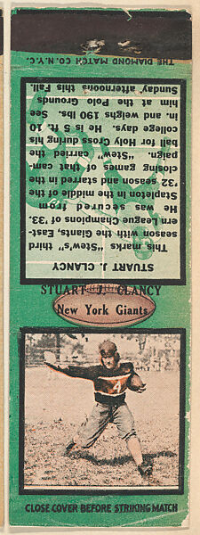 Stuart J. Clancy, New York Giants, from the Football Players Match Cover design series (U6) issued by Diamond Match Company, The Diamond Match Company, Printed matchbook 