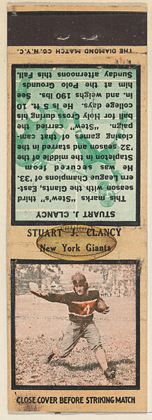 Stuart J. Clancy, New York Giants, from the Football Players Match Cover design series (U6) issued by Diamond Match Company, The Diamond Match Company, Printed matchbook 