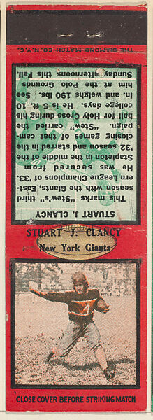Stuart J. Clancy, New York Giants, from the Football Players Match Cover design series (U6) issued by Diamond Match Company, The Diamond Match Company, Printed matchbook 