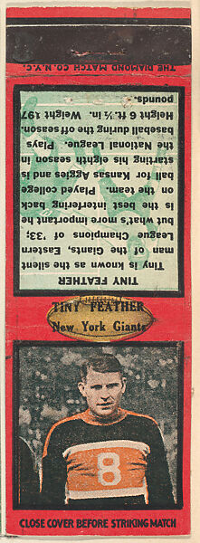 Tiny Feather, New York Giants, from the Football Players Match Cover design series (U6) issued by Diamond Match Company, The Diamond Match Company, Printed matchbook 