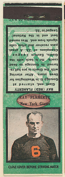 Ray Flaherty, New York Giants, from the Football Players Match Cover design series (U6) issued by Diamond Match Company, The Diamond Match Company, Printed matchbook 