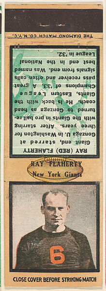 Ray Flaherty, New York Giants, from the Football Players Match Cover design series (U6) issued by Diamond Match Company, The Diamond Match Company, Printed matchbook 