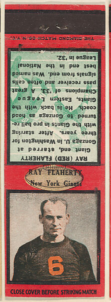 Ray Flaherty, New York Giants, from the Football Players Match Cover design series (U6) issued by Diamond Match Company, The Diamond Match Company, Printed matchbook 