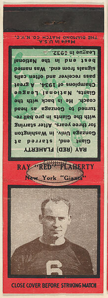 Ray "Red" Flaherty, New York Giants, from the Football Players Match Cover design series (U6) issued by Diamond Match Company, The Diamond Match Company, Printed matchbook 