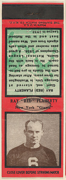 Ray "Red" Flaherty, New York Giants, from the Football Players Match Cover design series (U6) issued by Diamond Match Company, The Diamond Match Company (American, founded 1881), Printed matchbook 