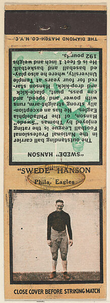 "Swede" Hanson, Philadelphia Eagles, from the Football Players Match Cover design series (U6) issued by Diamond Match Company, The Diamond Match Company, Printed matchbook 