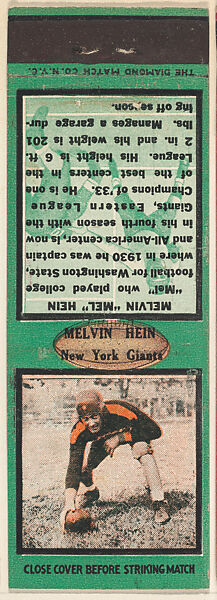 Melvin Hein, New York Giants, from the Football Players Match Cover design series (U6) issued by Diamond Match Company, The Diamond Match Company, Printed matchbook 
