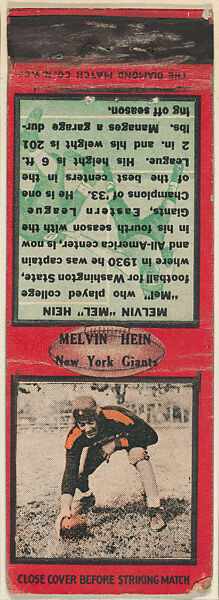 Melvin Hein, New York Giants, from the Football Players Match Cover design series (U6) issued by Diamond Match Company, The Diamond Match Company, Printed matchbook 