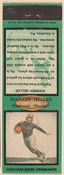Warren Heller, Pittsburgh Pirates, from the Football Players Match Cover design series (U6) issued by Diamond Match Company, The Diamond Match Company, Printed matchbook 