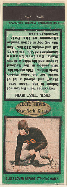 Cecil Irvin, New York Giants, from the Football Players Match Cover design series (U6) issued by Diamond Match Company, The Diamond Match Company, Printed matchbook 