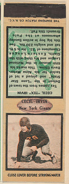 Cecil Irvin, New York Giants, from the Football Players Match Cover design series (U6) issued by Diamond Match Company, The Diamond Match Company, Printed matchbook 