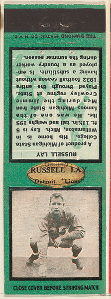 Russell Lay, Detroit Lions, from the Football Players Match Cover design series (U6) issued by Diamond Match Company, The Diamond Match Company, Printed matchbook 