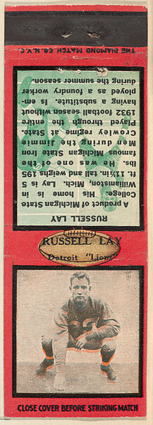 Russell Lay, Detroit Lions, from the Football Players Match Cover design series (U6) issued by Diamond Match Company, The Diamond Match Company, Printed matchbook 