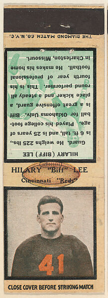 Hilary "Biff" Lee, Cincinnati Reds, from the Football Players Match Cover design series (U6) issued by Diamond Match Company, The Diamond Match Company, Printed matchbook 